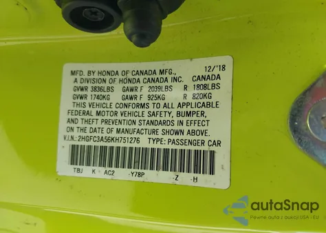 2019 Honda Civic Si из США, поврежденный, VIN 2HGFC3A56KH751276